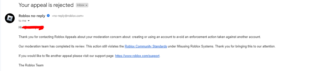 VikyYtb's tweet photo. (2/3)
It showed me that I was banned around 2:40 AM GMT+1 because of creating or using an account to avoid an enforcement action taken against another account, which is impossible for me, as I was long asleep. I contacted @Roblox 2 times, and each time my appeal got rejected. https://t.co/l41FD5sFXn