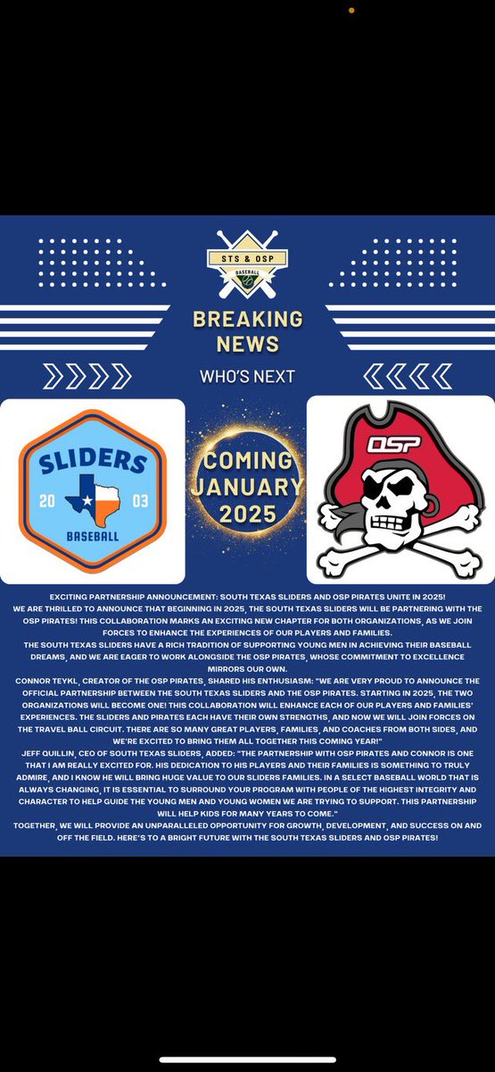 South Texas Sliders HTX (@slidershtx) on Twitter photo 🚨 Huge Announcement!! 🚨
We are proud to announce that starting in 2025 we will be partnering with the South Texas Sliders!
Spring and Summer Tryout information coming soon!
<a href="/connorteykl/">Connor Teykl</a>
<a href="/stsliders/">South Texas Sliders</a> 🚨 Huge Announcement!! 🚨
We are proud to announce that starting in 2025 we will be partnering with the South Texas Sliders!
Spring and Summer Tryout information coming soon!
<a href="/connorteykl/">Connor Teykl</a>
<a href="/stsliders/">South Texas Sliders</a>