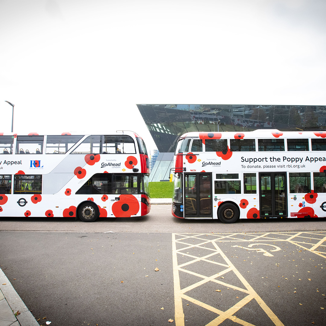Go_Ahead_London's tweet photo. We are pleased to share photos from @TfL recent photoshoot at City Hall, to commemorate the @PoppyLegion this year.

Here our Poppy Appeal wrapped buses can be seen with drivers Sergej Pachomov and Varinder 'Nikki' Rees. They are accompanied by Lorna Murphy, Director of Buses.

Our wrapped buses (LT863 and Ep4) can be seen currently in service across Routes 21, 132 and 453. 

We are proud to be supporting the Royal British Legion's Poppy Appeal.

#transportforlondon #royalbritishlegion #poppyappeal