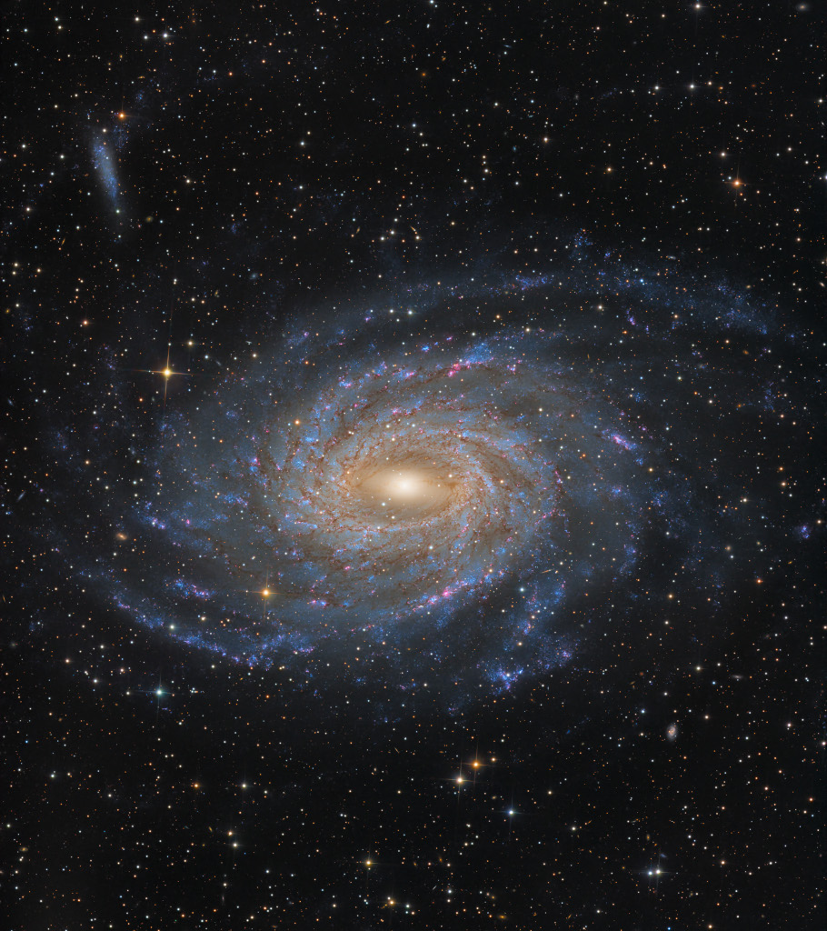 apod's tweet image. Big, beautiful spiral galaxy NGC 6744 is nearly 175,000 light-years across, larger than our own Milky Way. It lies some 30 million light-years distant in the southern constellation Pavo but appears as only a faint smudge in the eyepiece of a small telescope. We see the disk of