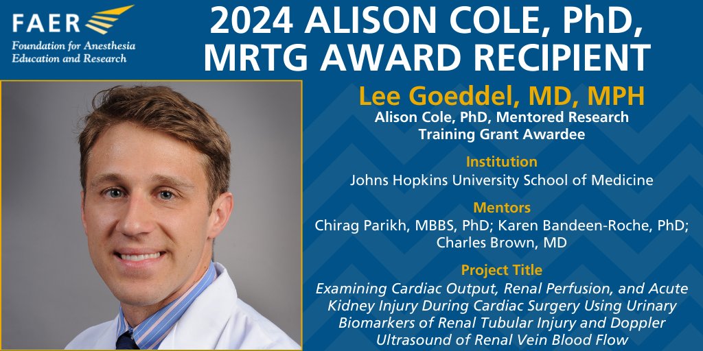 FAER (@faeranesthesia) on Twitter photo Join FAER in congratulating Dr. Lee Goeddel of <a href="/HopkinsACCM/">Johns Hopkins ACCM</a> on being awarded a Mentored Research Training Grant in fall 2024, as well as his selection as this year’s Alison Cole, PhD, Award recipient!
Read the full announcement: asahq.org/faer/about/new…
#FAERgrantee #FAERgrants Join FAER in congratulating Dr. Lee Goeddel of <a href="/HopkinsACCM/">Johns Hopkins ACCM</a> on being awarded a Mentored Research Training Grant in fall 2024, as well as his selection as this year’s Alison Cole, PhD, Award recipient!
Read the full announcement: asahq.org/faer/about/new…
#FAERgrantee #FAERgrants
