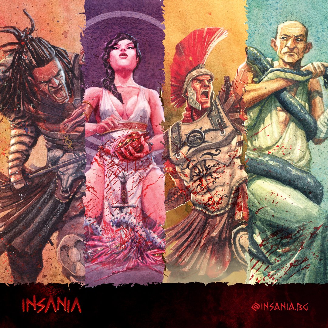 Alguns dos heróis que você pode escolher no jogo de tabuleiro INSANIA. Arte em aquarela do Brão. Siga no Kickstarter: kickstarter.com/projects/insan…