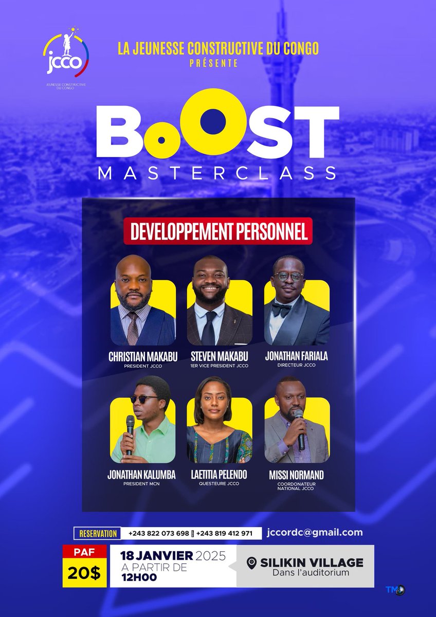 Rejoignez la Master Class BOOST par Jcco pour transformer votre développement personnel ! 

Des outils pratiques et des insights puissants pour libérer votre potentiel. 

Ne manquez pas cette opportunité !

Silikin Village 
18 Janvier 2025 
20$ 
<a href="/ChristianMakab3/">Christian Makabu</a>