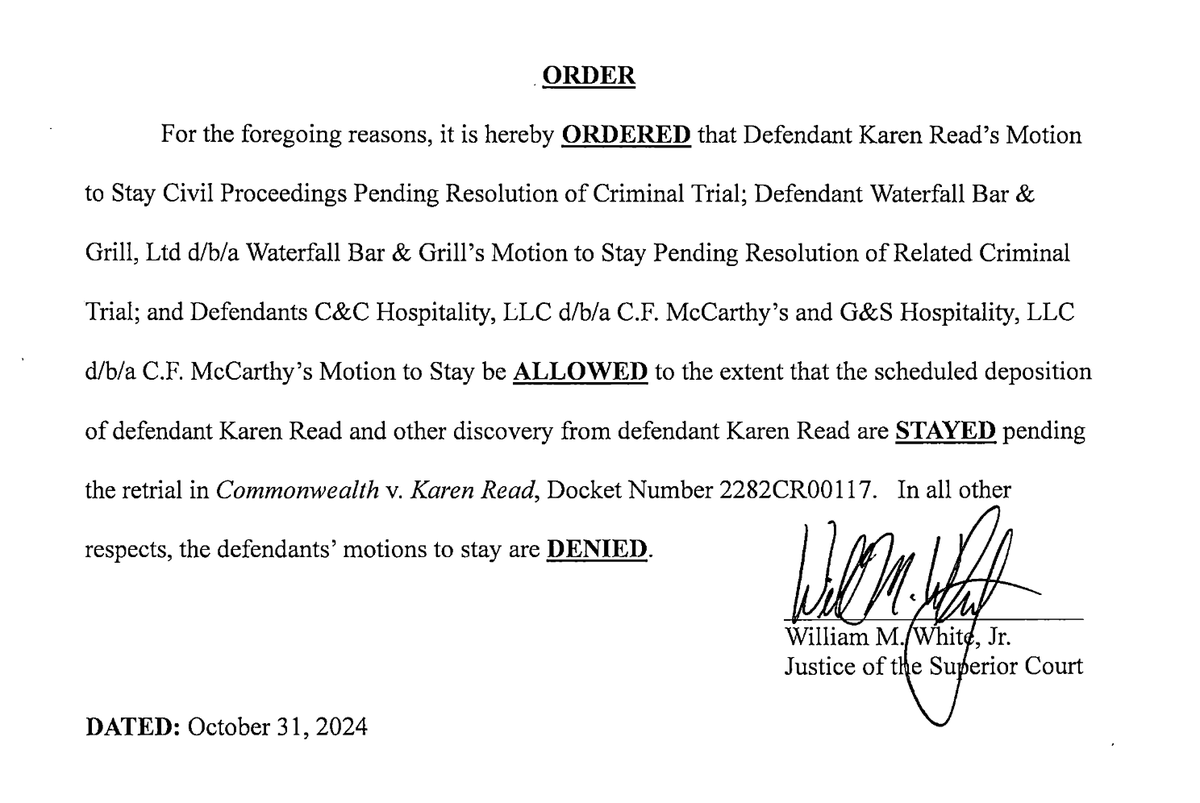 DoctorTurtleboy's tweet photo. Breaking News: Karen Read has WON her motion to stay her deposition and discovery in Peg and Paul O'Grift's civil suit against her. Everything else gets under way. This is the perfect outcome for her. Turns out Paul's lawyer was WRONG when he argued that a defendant gives up their 5th amendment rights just because they exercise their 1st amendment rights.