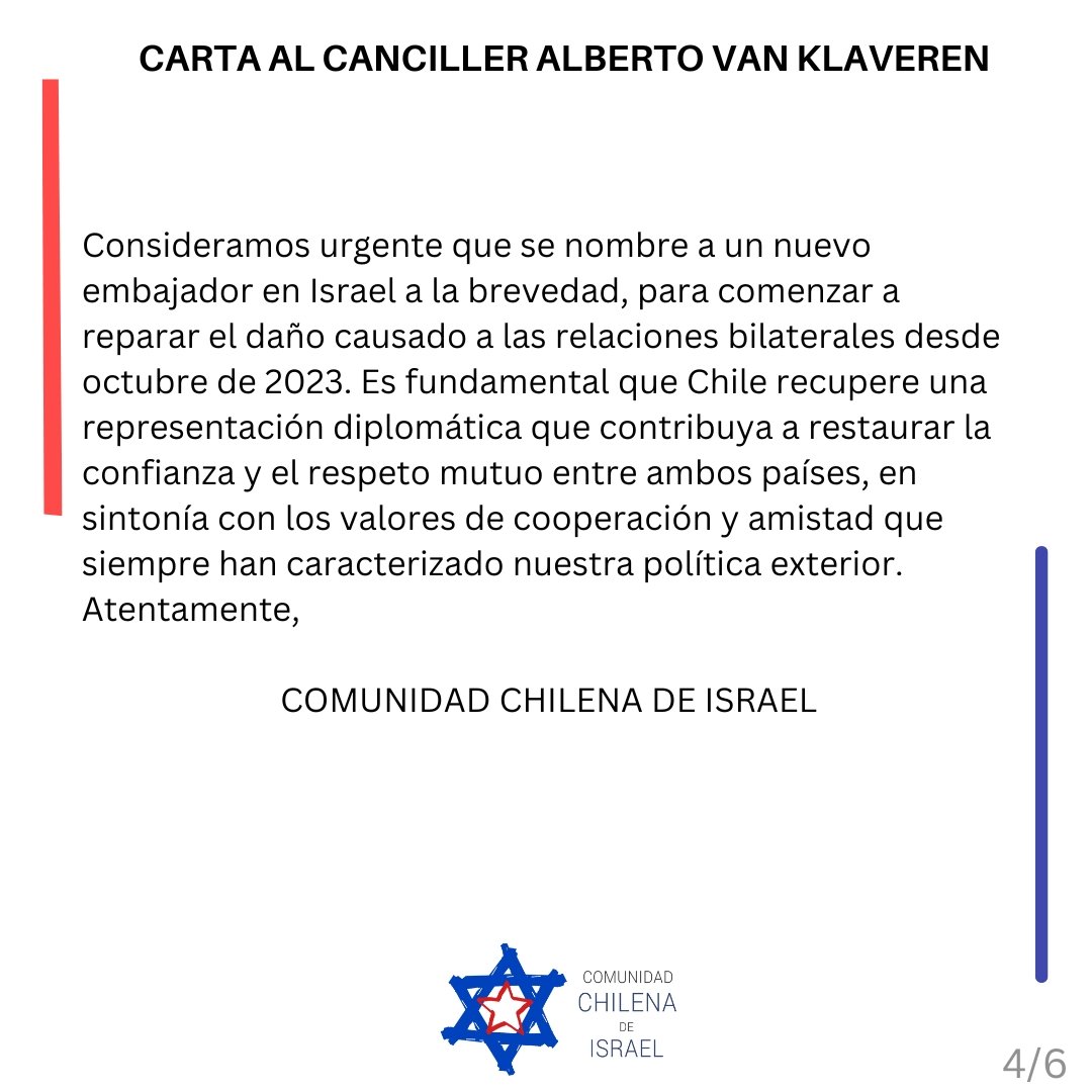 CoChilenaIsrael's tweet photo. La decisión hostil del @GobiernodeChile hacia el Estado de Israel y hacia los chilenos residentes en Israel de retirar completamente la máxima representación diplomática de Chile en Israel, reasignando al Embajador Jorge Carvajal, es inaceptable.
Exigimos la designación inmediata de un Embajador en Israel.

Enviamos una carta de reclamo al Canciller chileno @AlbertoKlaveren sobre el asunto.