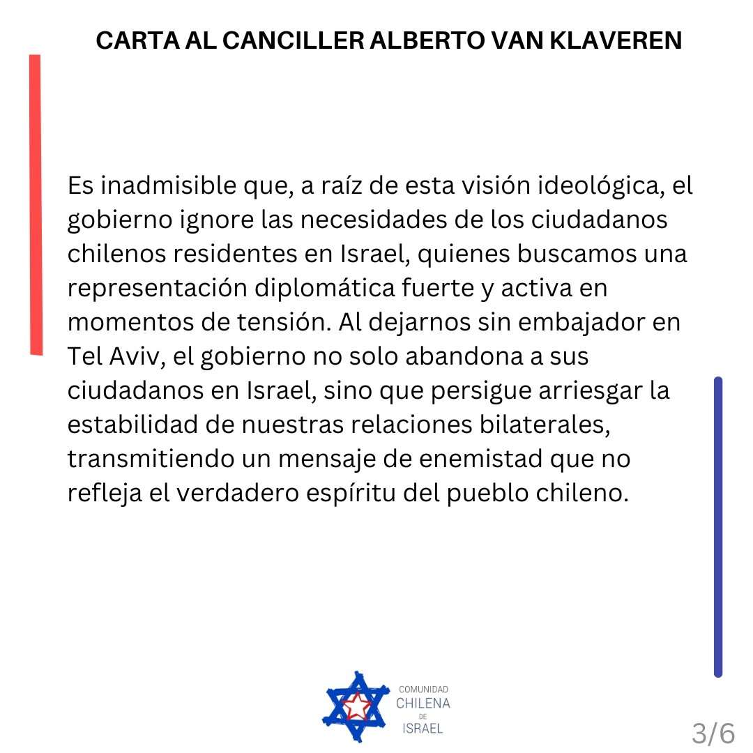 CoChilenaIsrael's tweet photo. La decisión hostil del @GobiernodeChile hacia el Estado de Israel y hacia los chilenos residentes en Israel de retirar completamente la máxima representación diplomática de Chile en Israel, reasignando al Embajador Jorge Carvajal, es inaceptable.
Exigimos la designación inmediata de un Embajador en Israel.

Enviamos una carta de reclamo al Canciller chileno @AlbertoKlaveren sobre el asunto.