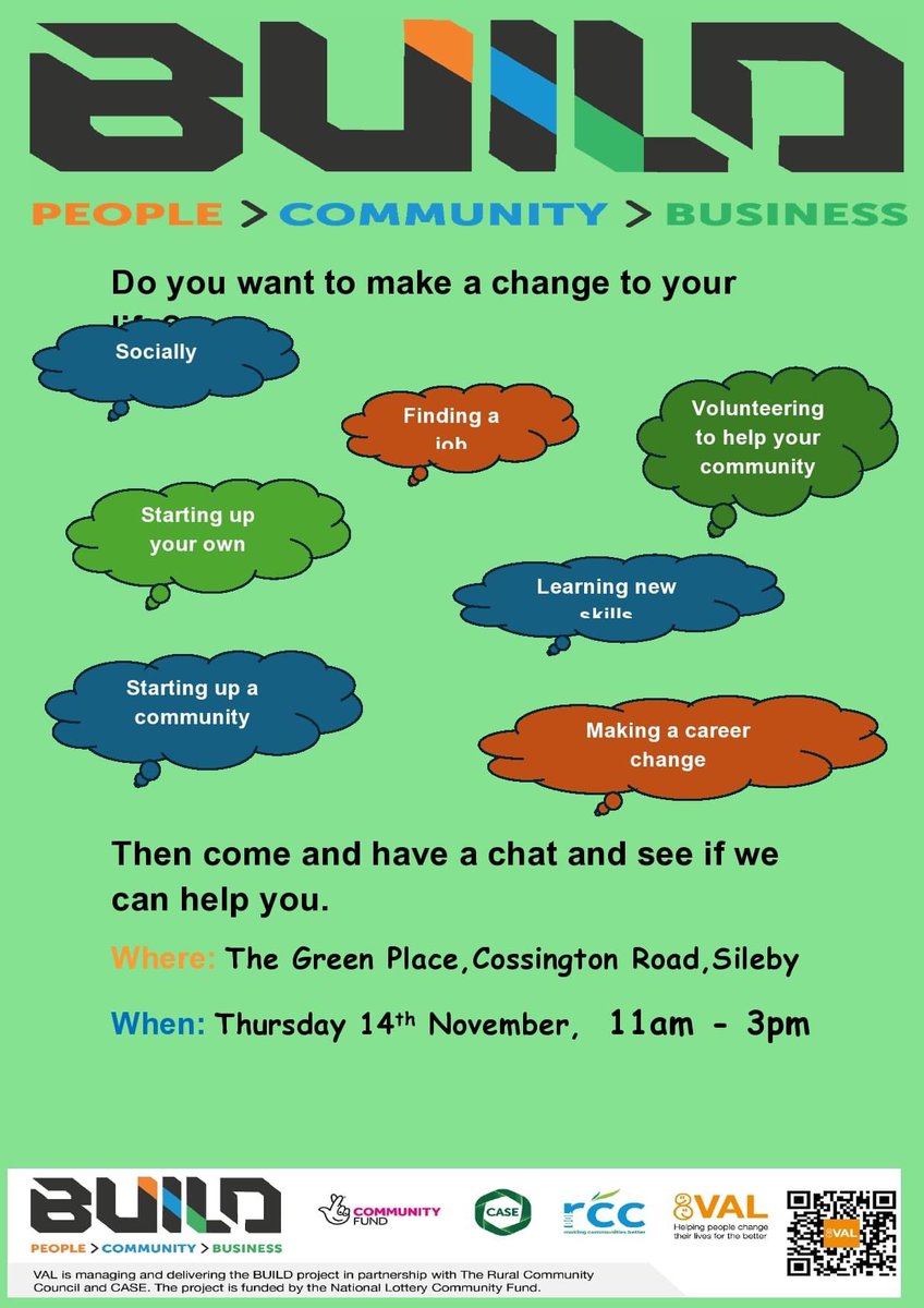 YourRCC's tweet image. Join us at The Green Place, Sileby on Thursday 14th November between 11am - 3pm to chat all things BUILD. How can the project help you take your next steps toward your goals? @valonline @CaseCooperative #BUILD #VAL