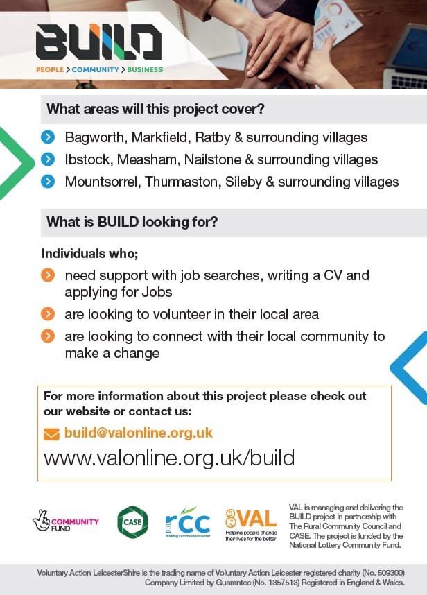 YourRCC's tweet image. Join us at The Green Place, Sileby on Thursday 14th November between 11am - 3pm to chat all things BUILD. How can the project help you take your next steps toward your goals? @valonline @CaseCooperative #BUILD #VAL