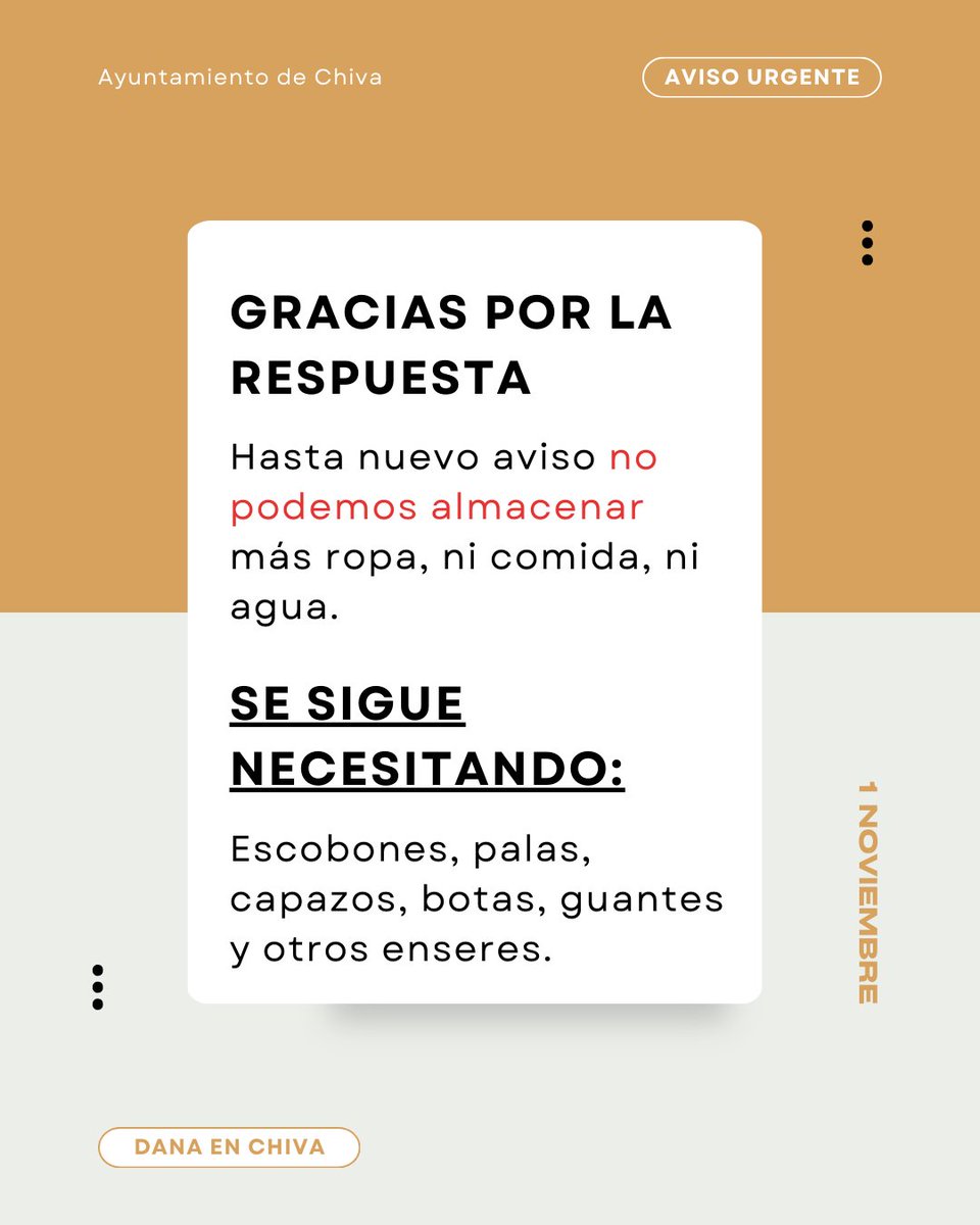 #AVISO - Gracias, de corazón, por toda la ayuda 🫶 De momento, no podemos almacenar más ropa, agua y comida. Hasta nuevo aviso, por favor, necesitamos que cesen las donaciones para dar margen al consumo.