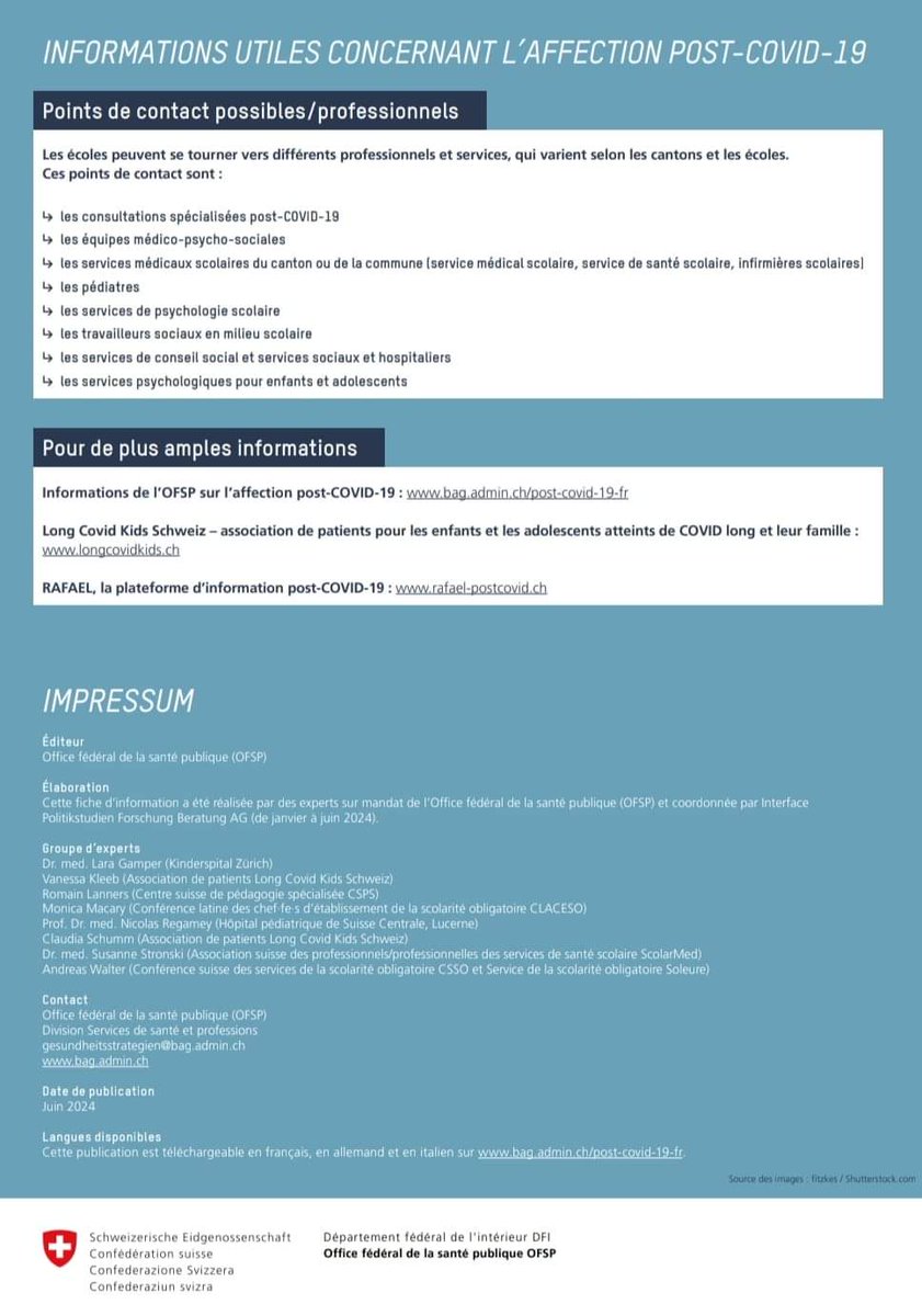 AFFECTION POST #COVID19 CHEZ LES ENFANTS ET LES ADOLESCENTS.

Fiche d'information de l'Office fédéral de la santé publique Suisse sur le Covid Long pédiatrique.

À ptg avec le corps enseignant
Merci pour ce travail

 #LongCovidKids #longcovid

<a href="/Sante_Gouv/">Ministère de la Santé et de l'Accès aux soins</a>