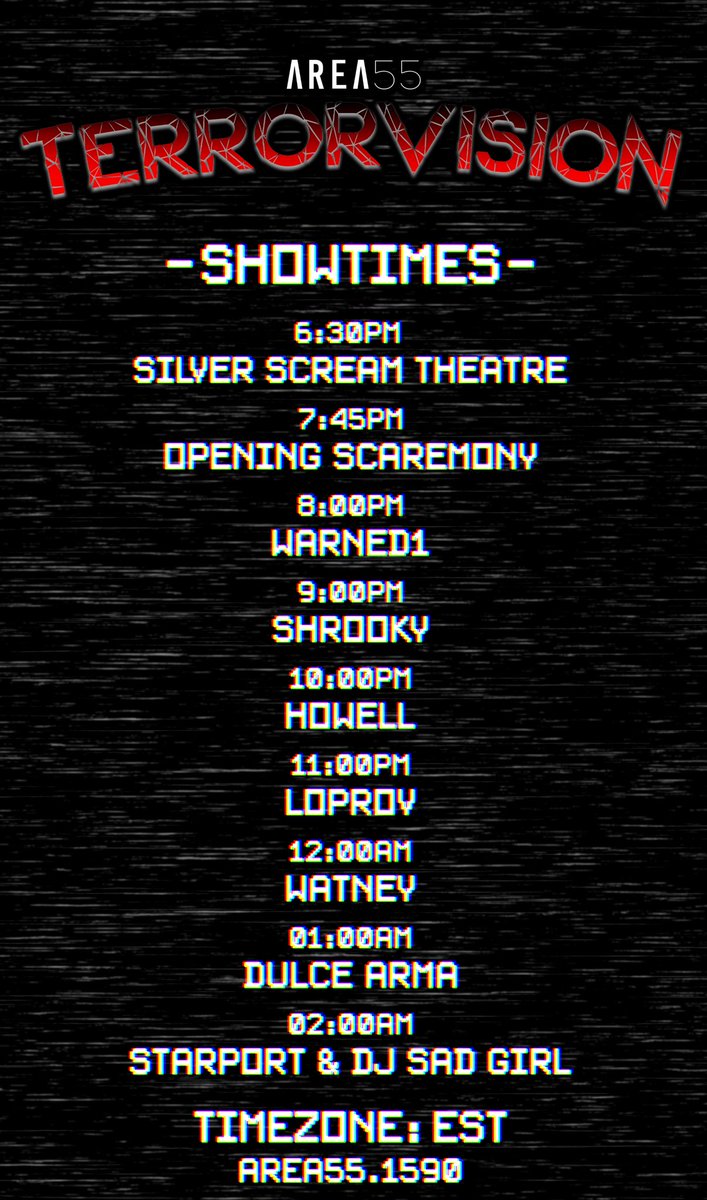 Starport1955's tweet photo. The full lineup for TerrorVision is now here! We can't wait to see you all tomorrow night! #AREA55 #VRChat https://t.co/ART9osMo8G