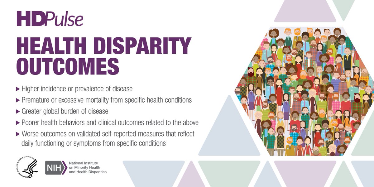 NIMHD's tweet image. Health disparity outcomes can be grouped under five categories. Visit #HDPulse learn more and to access data and interventions that can help identify, prioritize, and reduce health disparities in your community: bit.ly/4cIuuPA