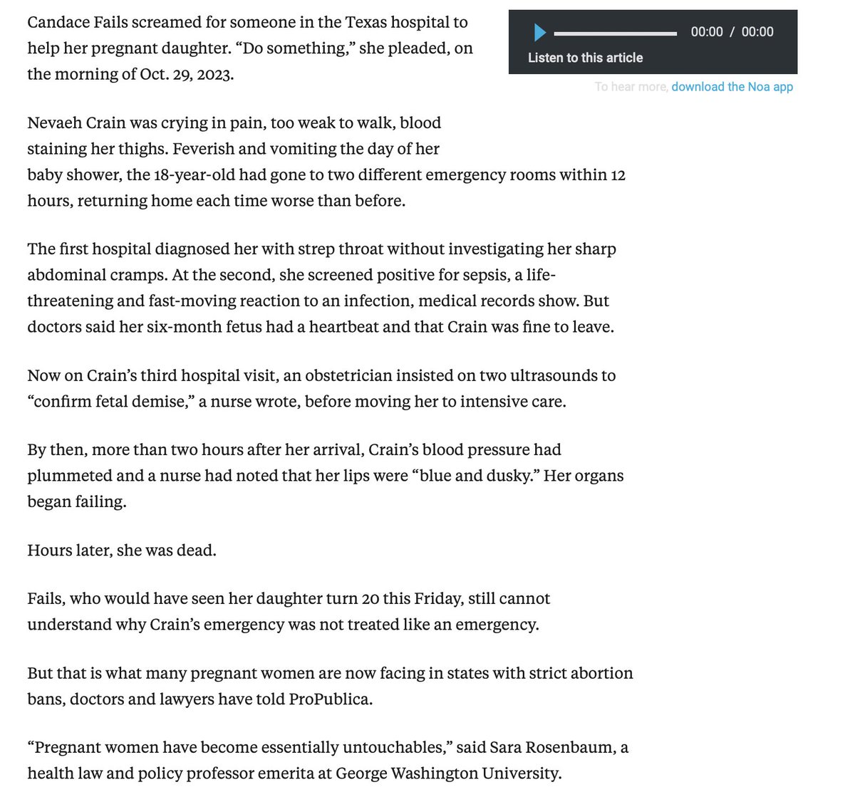 RichardHanania's tweet image. 19 year-old Texas woman dies due to abortion ban.
Pro Publica reports on how she went from hospital to hospital, precious time being lost as nurses and doctors waited to make sure the fetus was dead before they could treat the mother:
Candace Fails screamed for someone in the…
