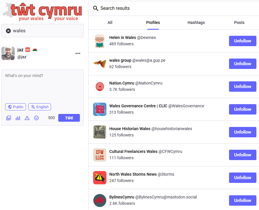 Accounts we'd love to see on toot.wales... come join 15 million people on indy social media!

<a href="/LlantwitMajorSc/">LlantwitMajorSchool</a> <a href="/WelshGovernment/">Welsh Government</a> <a href="/Urdd/">Urdd Gobaith Cymru</a> <a href="/BannauB/">Bannau Brycheiniog (Brecon Beacons) National Park</a> <a href="/CroesoBannauB/">Parc Cenedlaethol Bannau Brycheiniog</a> <a href="/yrawrgymraeg/">#yagym🏴󠁧󠁢󠁷󠁬󠁳󠁿Yr Awr Gymraeg</a> <a href="/Wrexham_AFC/">Wrexham AFC</a> <a href="/WrexhamAFCWomen/">Wrexham AFC Women</a> <a href="/MatthewRhys/">Matthew Rhys</a>  <a href="/michaelsheen/">michael sheen 💙</a> <a href="/hayfestival/">Hay Festival</a> <a href="/Nigelrefowens/">Nigel Owens MBE</a>