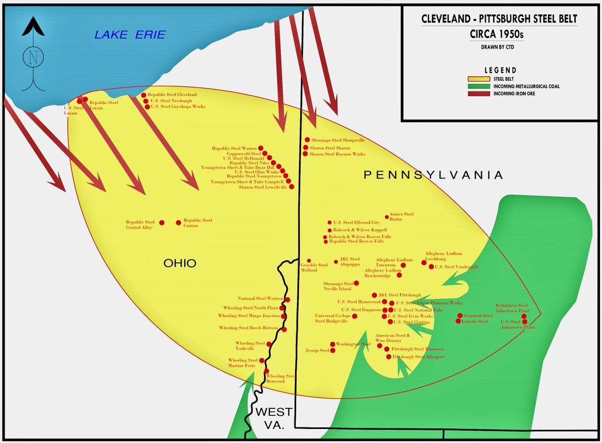 JoshLipnik's tweet image. Cool map of the Cleveland-Pittsburgh Steel Belt. This was of course the final destination for most of the iron ore mined in the Upper Peninsula and Minnesota Iron Ranges.
