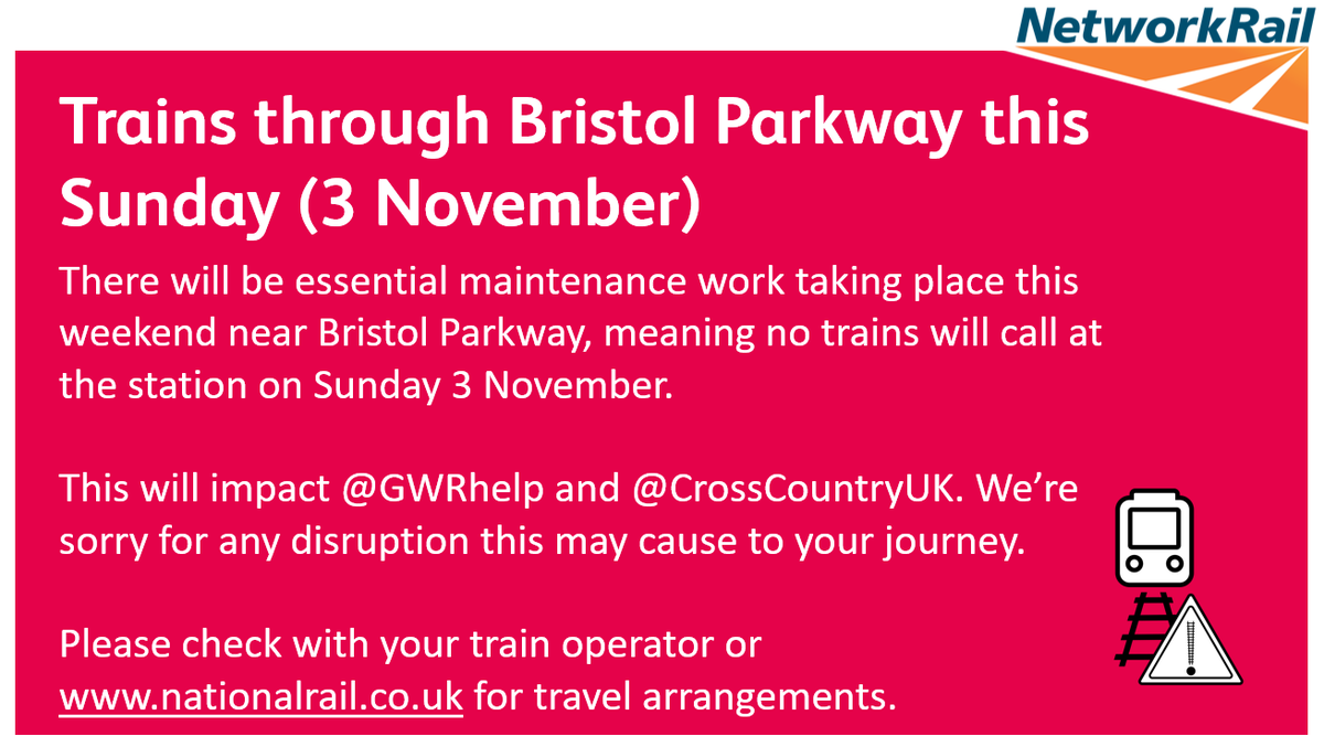 ⚠️No trains will call at Bristol Parkway on Sunday 3 November because of essential maintenance.
 
🚉This will impact @GWRhelp and <a href="/CrossCountryUK/">CrossCountry Trains</a>. We’re sorry for any disruption this may cause to your journey.
 
➡️Please check with your train operator or <a href="/nationalrailenq/">National Rail</a>