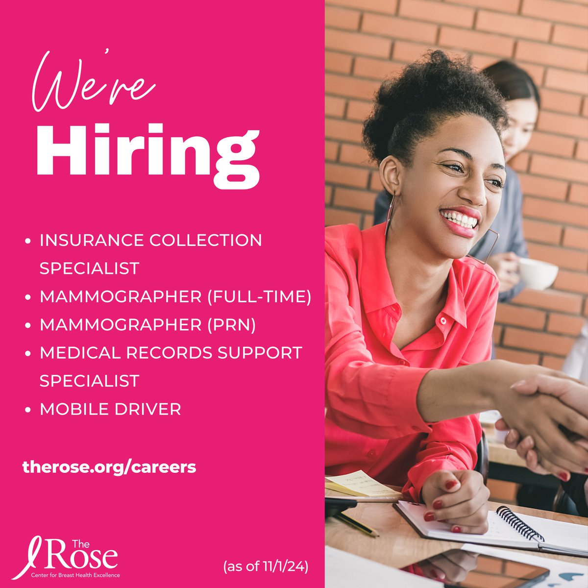 📢 We’re hiring! Be part of The Rose’s mission to save lives. Positions open for an Insurance Collection Specialist, Mammographer, Medical Records Support Specialist, and Mobile Driver. Apply today at therose.org/careers #Hiring #HoustonJobs #HealthcareCareers