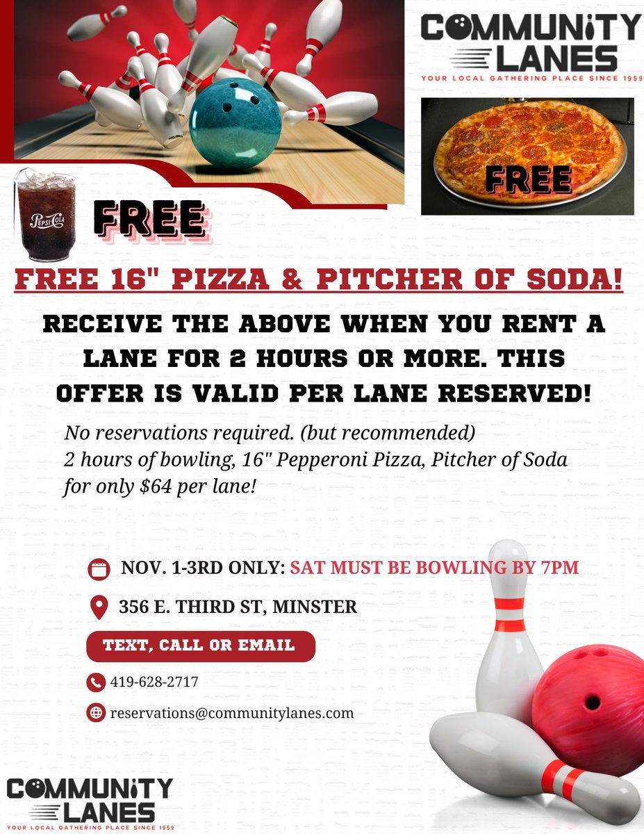 Do we have a deal for you! Reserve a lane (or lanes)📷  for 2 hours and receive a FREE 16" Pepperoni Pizza 📷 and a FREE Pitcher of Soda. 📷This offer is valid all weekend. (November 1st-3rd)
Details are on the flyer.