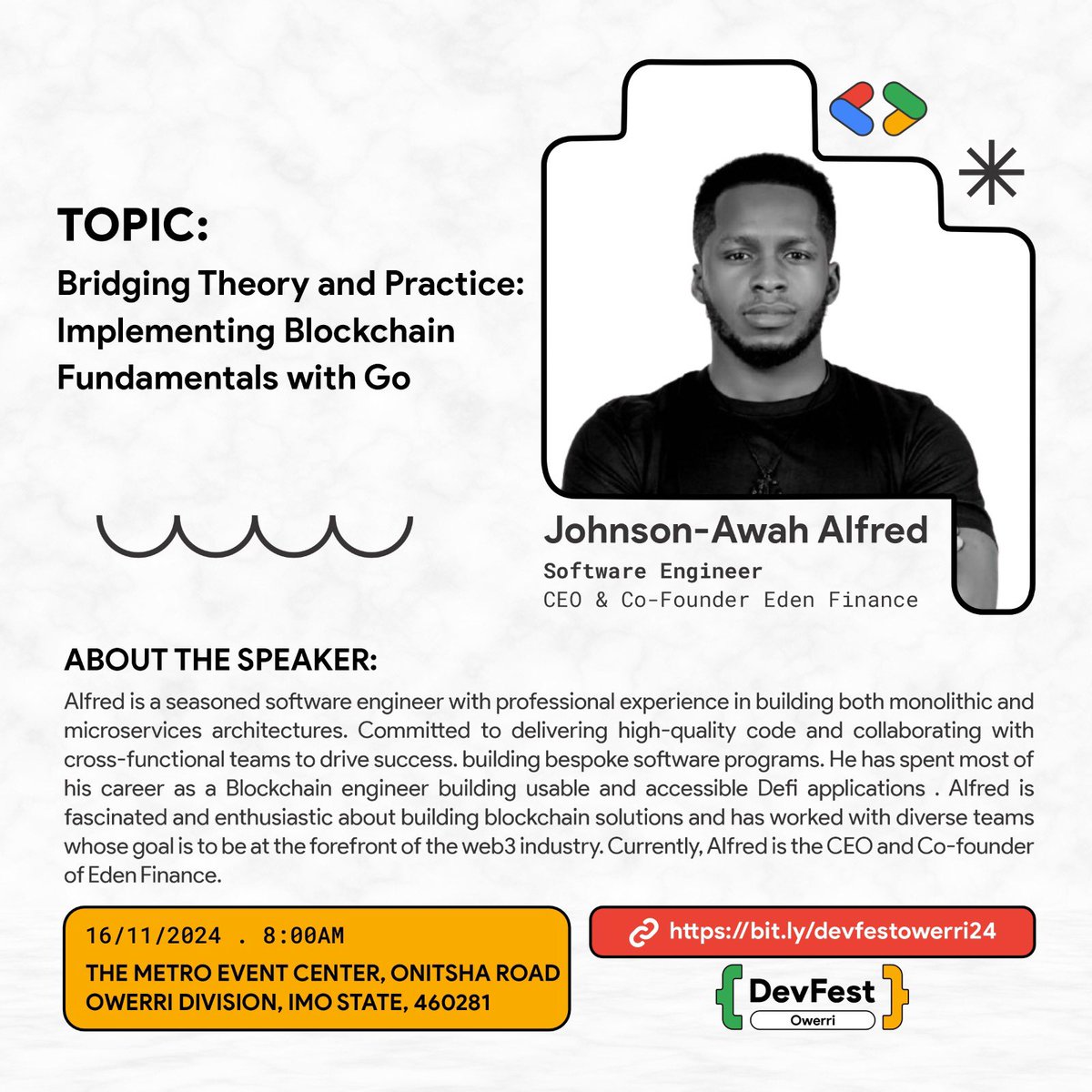 GDG Owerri (@gdgowerri) on Twitter photo Want to learn about
🤝 Blockchain
🤝 Go Language
Join <a href="/codemon_/">Alfred Johnson</a> Johnson-Awah Alfred, software Engineer and Founder of Eden Finance. He’s an experienced blockchain engineer and has worked with a diverse team.
Get your free ticket now
RSVP: bit.ly/devfestowerri24 Want to learn about
🤝 Blockchain
🤝 Go Language
Join <a href="/codemon_/">Alfred Johnson</a> Johnson-Awah Alfred, software Engineer and Founder of Eden Finance. He’s an experienced blockchain engineer and has worked with a diverse team.
Get your free ticket now
RSVP: bit.ly/devfestowerri24