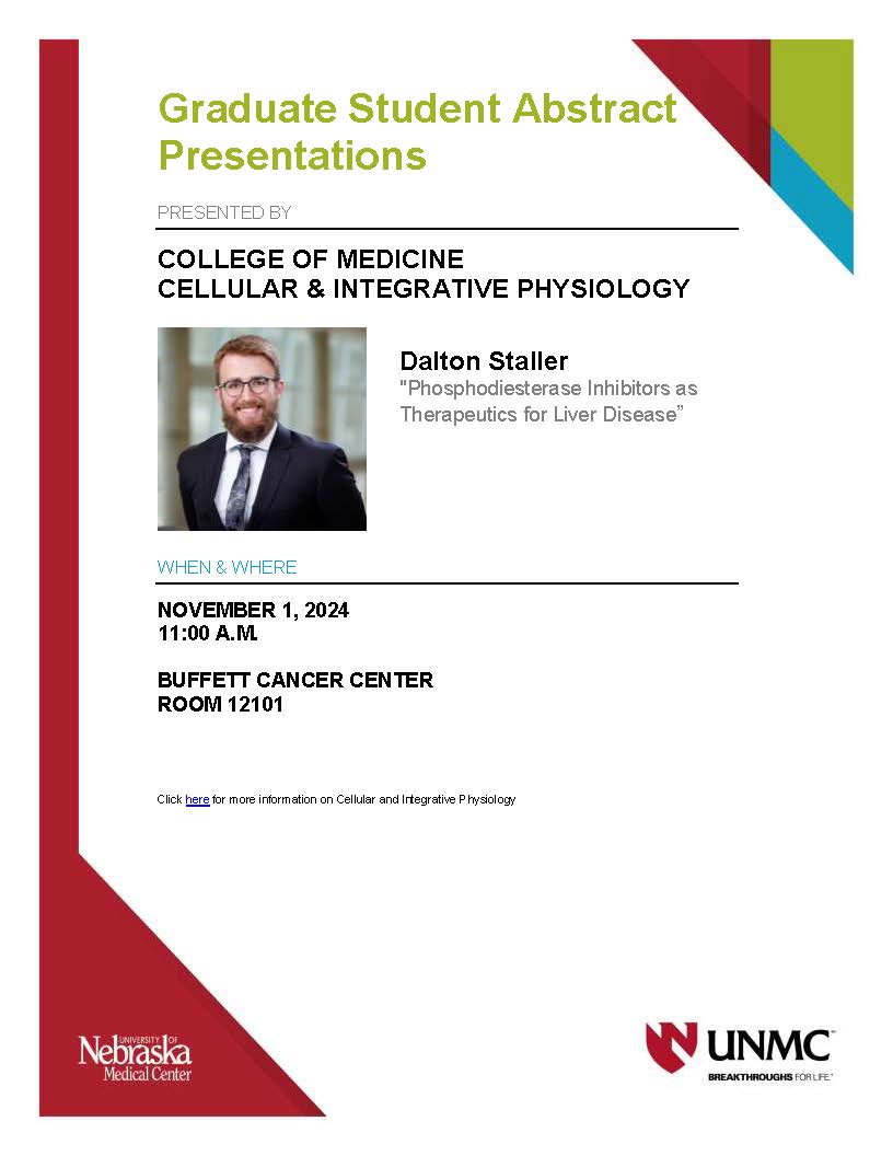 UNMC Physiology (@unmc_physiology) on Twitter photo Check out today's Physiology Forum - Dalton Staller, IPMM PhD student, is presenting at 11:00 a.m. today. His talk is titled "Phosphodiesterase Inhibitors as Therapeutics for Liver Disease."
@Gundrylab <a href="/UNMC_CHVR/">UNMC Center for Heart and Vascular Research</a> Check out today's Physiology Forum - Dalton Staller, IPMM PhD student, is presenting at 11:00 a.m. today. His talk is titled "Phosphodiesterase Inhibitors as Therapeutics for Liver Disease."
@Gundrylab <a href="/UNMC_CHVR/">UNMC Center for Heart and Vascular Research</a>