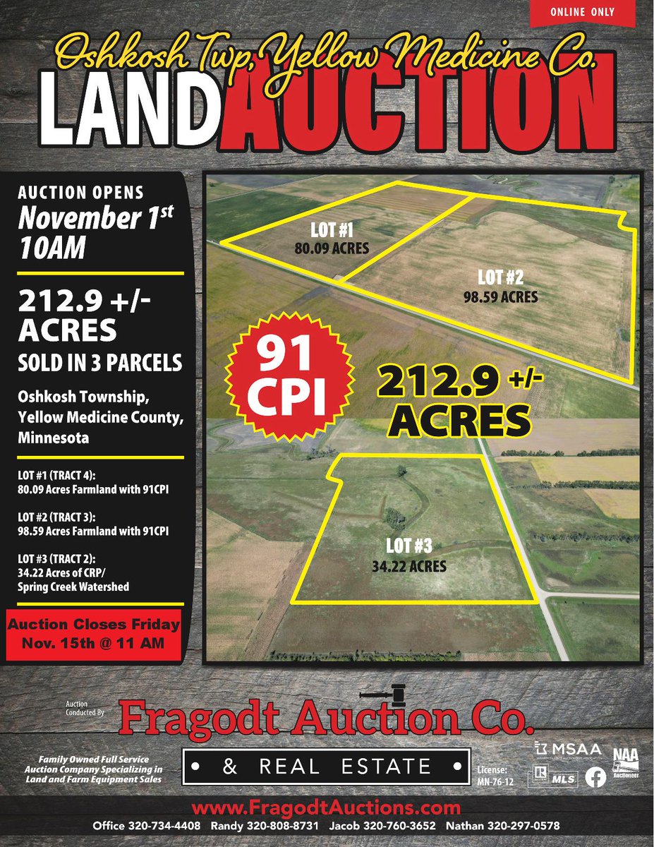 FragodtAuction's tweet photo. *AUCTION IS OPEN!* 212.9 +/- Acres to Be Sold in 3 Parcels in Oshkosh Twp, Yellow Medicine County, Minnesota

View: https://t.co/iRSxc5lzCF

Lot #1: 80.09 Acres with 91CPI

Lot #2: 98.59 Acres with 91CPI

Lot #3: 34.22 Acres of CRP/ Spring Creek Watershed

Ends: Friday, Nov 15th https://t.co/zWOjcPf3xO