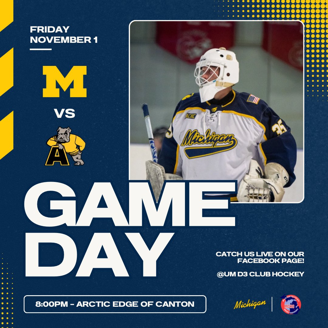 Home sweet home!

🆚 Adrian
📍 Arctic Edge of Canton
⏰ 8:00PM
📺 FB: UM D3 Club Hockey
#GoBlue〽️