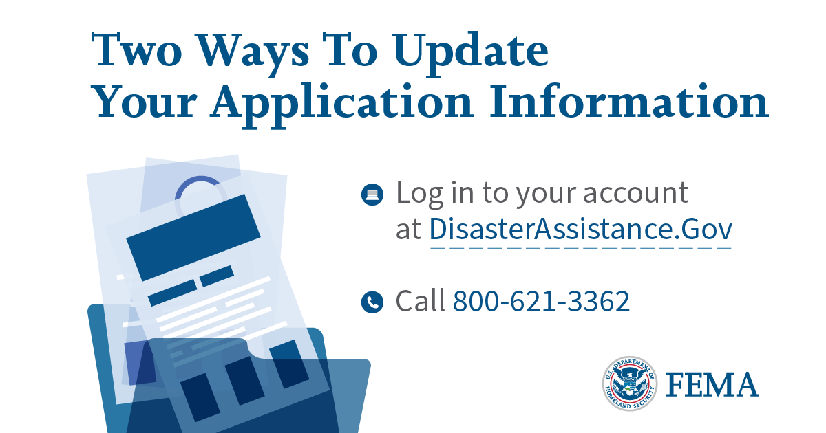 Need to make updates to your disaster assistance application? Do it online at DisasterAssistance.gov, call our helpline at 800-621-3362 or visit a local Disaster Recovery Center: fema.gov/drc.

Avoid delays in assistance and keep in touch with us!

#Helene #Milton