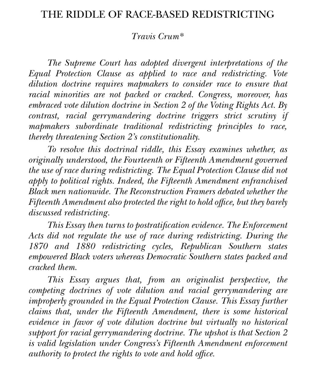Hot off the presses! My latest paper, The Riddle of Race-Based Redistricting, is out in <a href="/ColumLRev/">Columbia Law Review</a>! The paper examines the original meaning of the 14 and 15 Amendments as applied to redistricting and argues that the VRA is valid enforcement legislation.

columbialawreview.org/wp-content/upl…