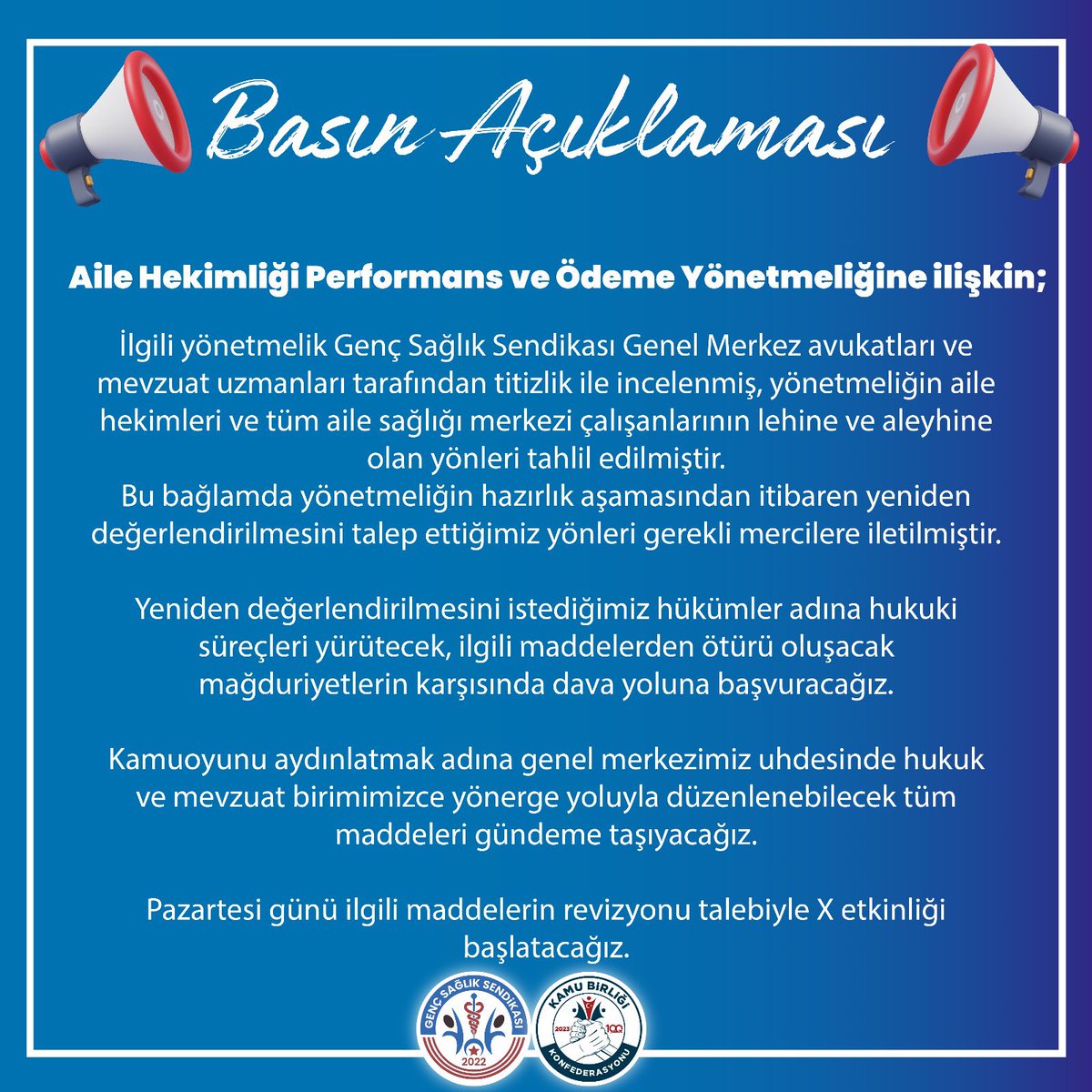 gencsagliksentr's tweet photo. BASIN AÇIKLAMASI ⤵️⤵️

Aile Hekimliği Performans ve Ödeme Yönetmeliğine ilişkin;

İlgili yönetmelik Genç Sağlık Sendikası Genel Merkez avukatları ve mevzuat uzmanları tarafından titizlik ile incelenmiş, yönetmeliğin aile hekimleri ve tüm aile sağlığı merkezi çalışanlarının lehine ve aleyhine olan yönleri tahlil edilmiştir. 
Bu bağlamda yönetmeliğin hazırlık aşamasından itibaren yeniden değerlendirilmesini talep ettiğimiz yönleri gerekli mercilere iletilmiştir.

Yeniden değerlendirilmesini istediğimiz hükümler adına hukuki süreçleri yürütecek, ilgili maddelerden ötürü oluşacak mağduriyetlerin karşısında dava yoluna başvuracağız.

Kamuoyunu aydınlatmak adına genel merkezimiz uhdesinde hukuk ve mevzuat birimimizce yönerge yoluyla düzenlenebilecek tüm maddeleri gündeme taşıyacağız.

Pazartesi günü ilgili maddelerin revizyonu talebiyle X etkinliği başlatacağız.

2. ve 3. Basamak sağlık hizmetlerinin yükünü hafifletmeyi amaçlayan ancak bazı maddeleri ile 1. Basamak sağlık çalışanları adına mağduriyetler oluşturabilecek yönetmeliğin sayın bakanımız takdirleriyle, yönerge yoluyla revize edilmesi için ilk günkü kararlılık ile mücadele edeceğiz.

Bu bağlamda teoride hazırladığımız çözümler, pratikte uyguladığımız eylemler ile aile sağlığı merkezi çalışanlarımızın yanındayız.

Aile Hekimliği Performans ve Ödeme Yönetmeliğinin ilgili maddelerinin revize edilmesi yönünde diyalog, yargı ve tüm çözüm yolları tüketildiğine dair hiçbir kuşku ve şüphemiz kalmadığ��nda Genç Sağlık Sendikası genel merkezi olarak hukuki sınırlar içerisinde her türlü faaliyet ve eylem haklarımızı kullanacağımızı tüm kamuoyuna saygıyla bildiririz