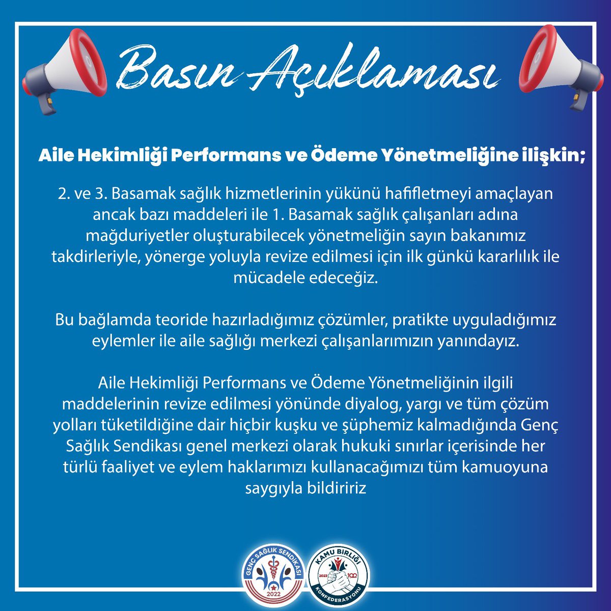 BASIN AÇIKLAMASI ⤵️⤵️

Aile Hekimliği Performans ve Ödeme Yönetmeliğine ilişkin;

İlgili yönetmelik Genç Sağlık Sendikası Genel Merkez avukatları ve mevzuat uzmanları tarafından titizlik ile incelenmiş, yönetmeliğin aile hekimleri ve tüm aile sağlığı merkezi çalışanlarının lehine
