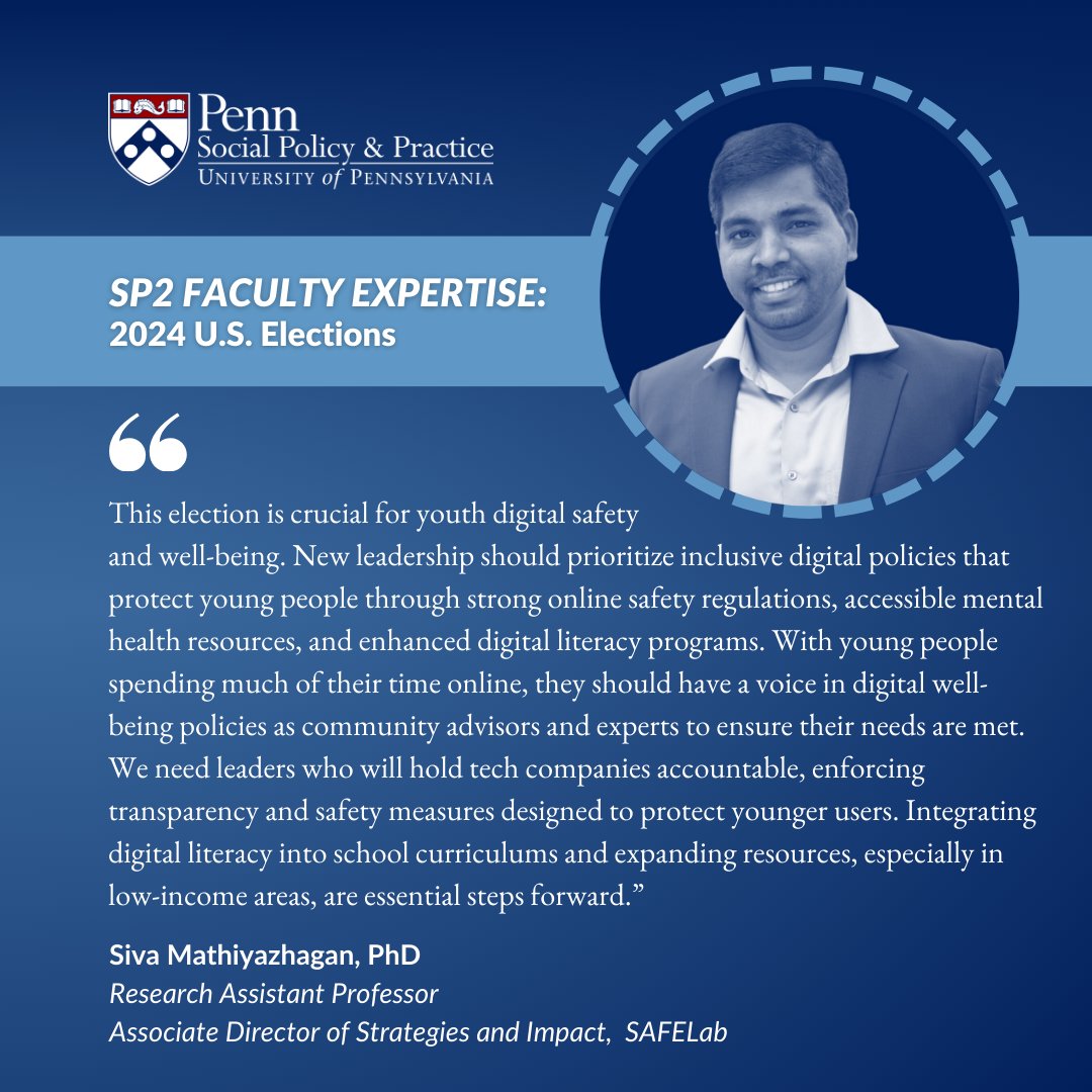 PennSP2 (@pennsp2) on Twitter photo As voters consider 2024 ballots at local, state, & natl levels, we’re highlighting the issues that #PennSP2 faculty view as priorities from the POV of their research. Research Assistant Prof <a href="/MDSShiva/">SIVA MATHIYAZHAGAN, PhD, MSW சிவா மதியழகன்</a> discusses youth digital safety & well-being bit.ly/3YLt2bg @SAFElab As voters consider 2024 ballots at local, state, & natl levels, we’re highlighting the issues that #PennSP2 faculty view as priorities from the POV of their research. Research Assistant Prof <a href="/MDSShiva/">SIVA MATHIYAZHAGAN, PhD, MSW சிவா மதியழகன்</a> discusses youth digital safety & well-being bit.ly/3YLt2bg @SAFElab