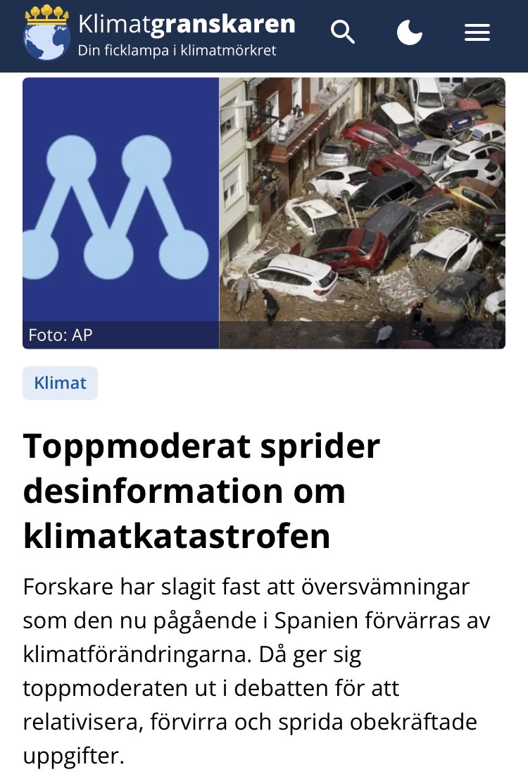 Den moderate riksdagsledamoten ger sig ut i debatten för att försöka sudda ut den vetenskapligt belagda kopplingen mellan klimatförändringar och den typ av katastrofer som nu drabbat Spanien. Vad är syftet?