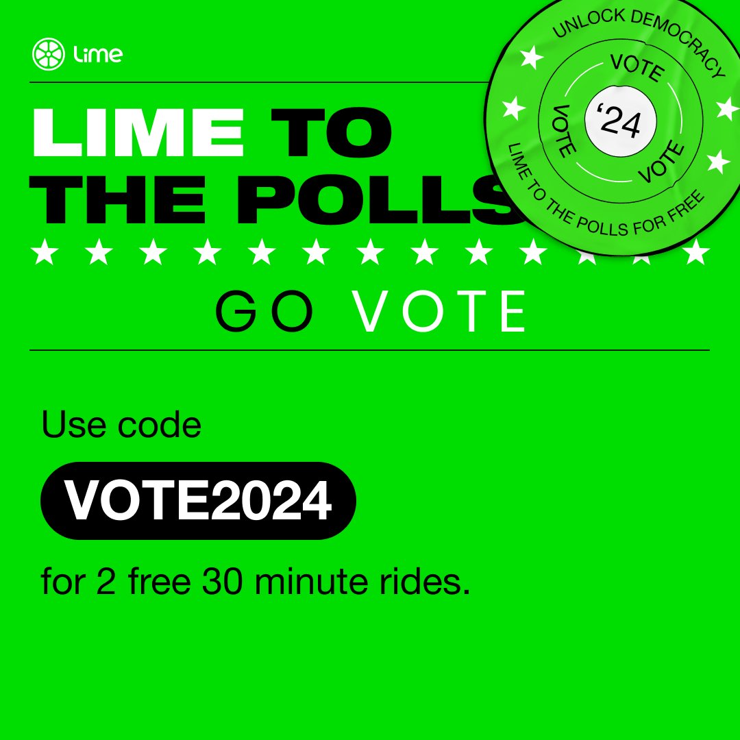 Need transportation to vote? <a href="/limebike/">Lime</a> is giving away free rides to celebrate democracy! Use code VOTE2024 for two free e-scooter or e-bike rides to and from the ballot box! #UnlockDemocracy