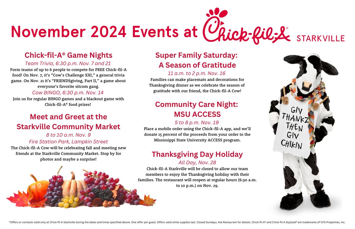 It's a new month and that means a new slate of great events here at Chick-fil-A Starkville  and in the community! Here is our November events calendar...