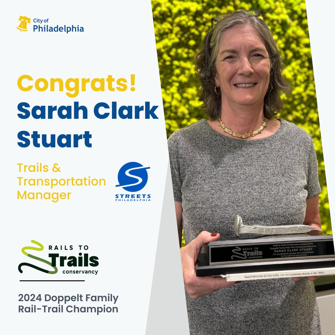 StreetsPhila's tweet photo. "For decades, Sarah’s leadership, ingenuity, and determination have made it safer to walk and bike in Greater Philadelphia and South Jersey,” said Ryan Chao, President of @railstotrails 

Read More: https://t.co/ISFiMpKpj0 https://t.co/pss5mo9N3a