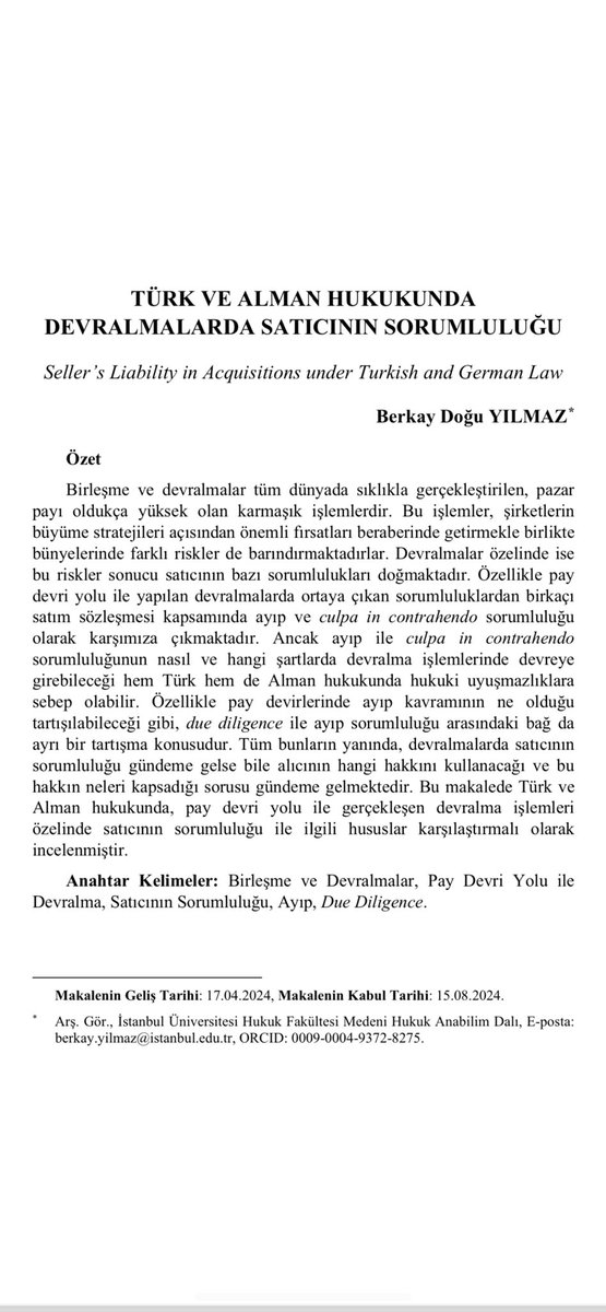 Türk ve Alman Hukukunda Devralmalarda Satıcının Sorumluluğu konulu makalem yayımlandı. 
Makaleye erişim için: dergipark.org.tr/tr/download/ar…
