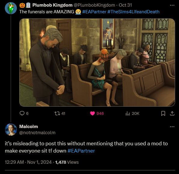 PlumbobKingdom's tweet image. If it were something I got through mods, why wouldn’t I say so? It wasn't necessary to use mods to keep my Sims seated. This scene is actually a screenshot from my livestream.