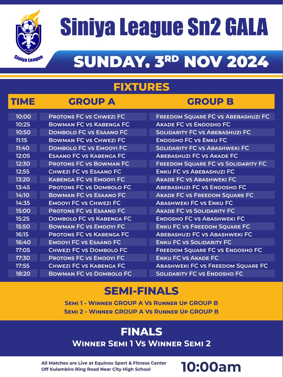 SiniyaLeague's tweet photo. #SLSN2Gala FIXTURES
Good Luck Y’all!
#SLSN2Gala
#SiniyaLeague
#RepYoCohort
#RestoringALegacy
#KigeziCollegeButobere
#TheOnlySiniya https://t.co/TITlUBXE6G