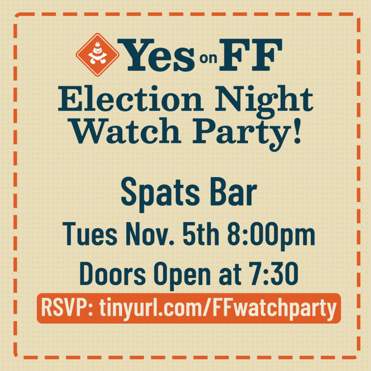 Watch the election results roll in with us!Yes on FF Election Night Watch Party Spats in Downtown Berkeley on Tuesday, Nov 5 at 8:00pm. See you there! ❤️‍🔥