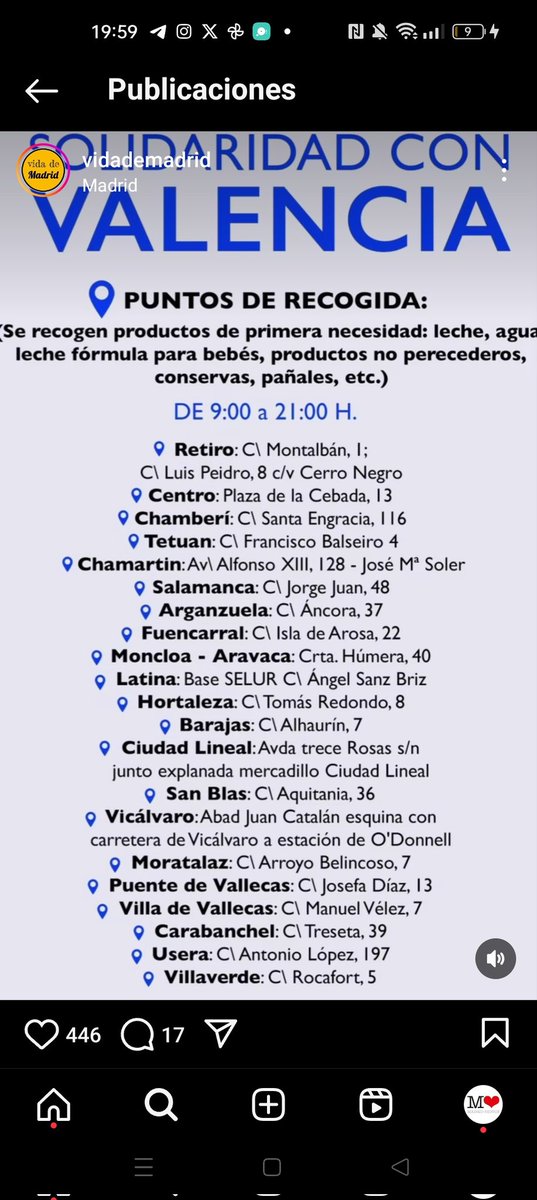 #Madrid: Sigamos ayudando en todo lo que podamos a los afectados por #Dana en #Valencia. Estos son los puntos de recogida <a href="/MADRID/">Ayuntamiento Madrid</a>. Retuitea o comparte para que esta info llegue a más gente 🙏