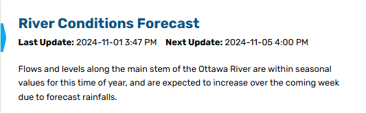 ORRPB's tweet photo. Please note that the River Conditions Forecast message was updated today (Friday Nov. 1st) as expected conditions have changed since last Tuesday. Visit our Current Conditions https://t.co/wgUIGFgTlD for more information #OttawaRiver https://t.co/nFJjte7lWW