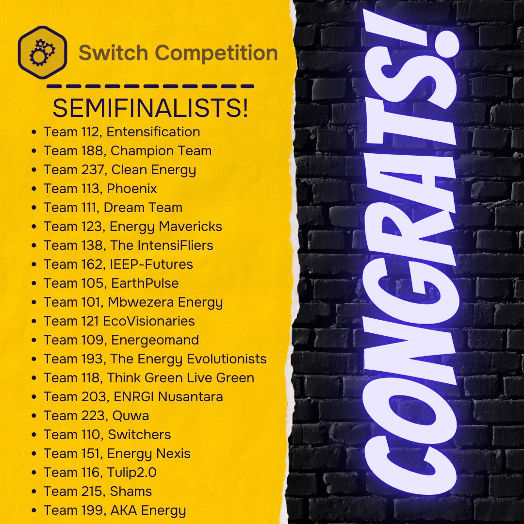 switchcasecomp's tweet photo. 🎉 Congrats to the #SwitchCompetition semifinalists! 

Your innovation and passion for a sustainable energy future inspire us all. 

Excited to see what’s next! 

#FutureLeaders #EnergyInnovation https://t.co/Q0vG64Ix7F