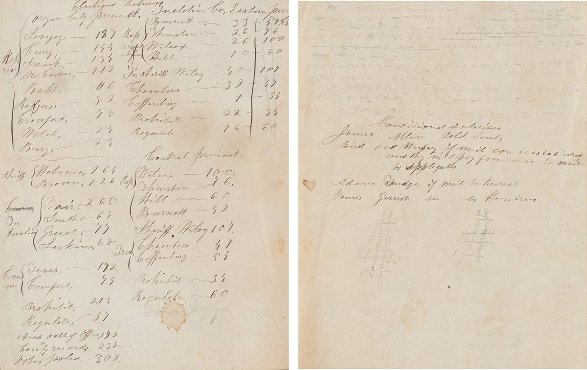With Election Day just around the corner on November 5, here is a handwritten tally of election returns for the Oregon City precinct and the eastern and western precincts of Tuality County from our research library. 

More on OHS Digital Collections: digitalcollections.ohs.org/coll1029-001