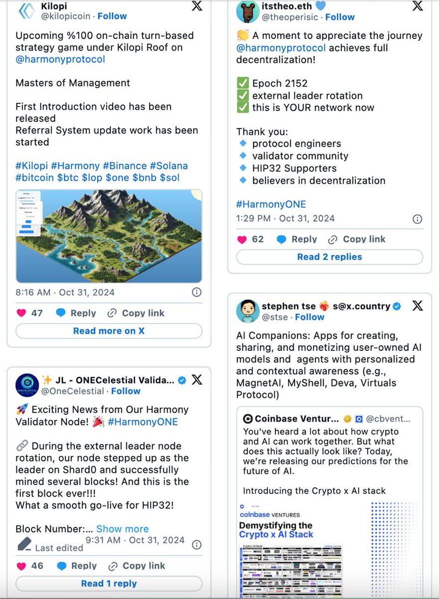 harmonyprotocol's tweet image. This week on Harmony 💙
🧩 @kilopicoin bringing a strategy game to Harmony
👑 @OneCelestial embracing external leader rotation
👏 @theoperisic celebrates HIP32's successful start
🤖 @stse discusses AI companions