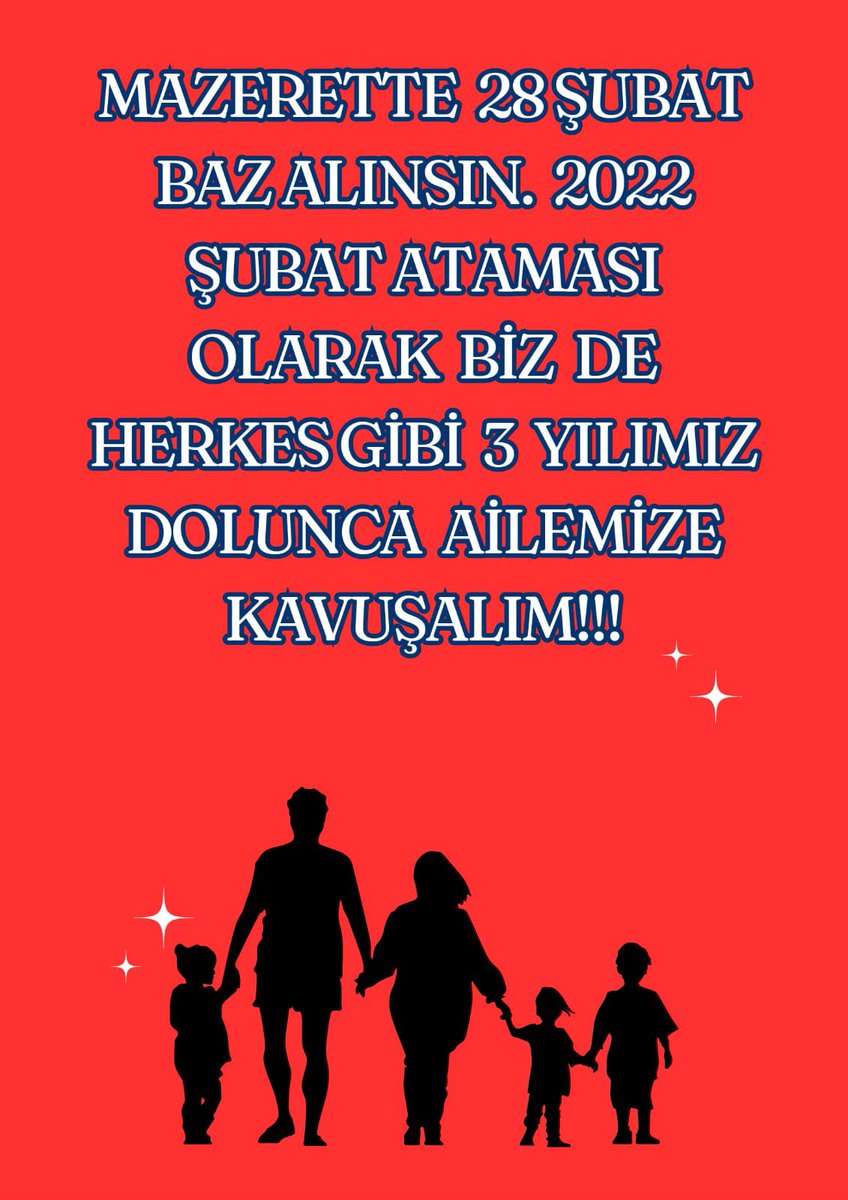 2022 Ocak atamaları olarak 2022 Şubat  ayı içerisinde göreve başlatıldığımız için yarıyıl mazeret tayininde görev süresi hesabında 28 Şubat baz alınmasını istiyoruz 
#MEBMazerette28Subat 
<a href="/Yusuf__Tekin/">Yusuf Tekin</a> <a href="/tcmeb/">Millî Eğitim Bakanlığı</a> <a href="/cftcblnt/">Bülent ÇİFTCİ</a> <a href="/_aliyalcin_/">Ali YALÇIN</a> <a href="/talatyavuz29/">Talat YAVUZ</a>