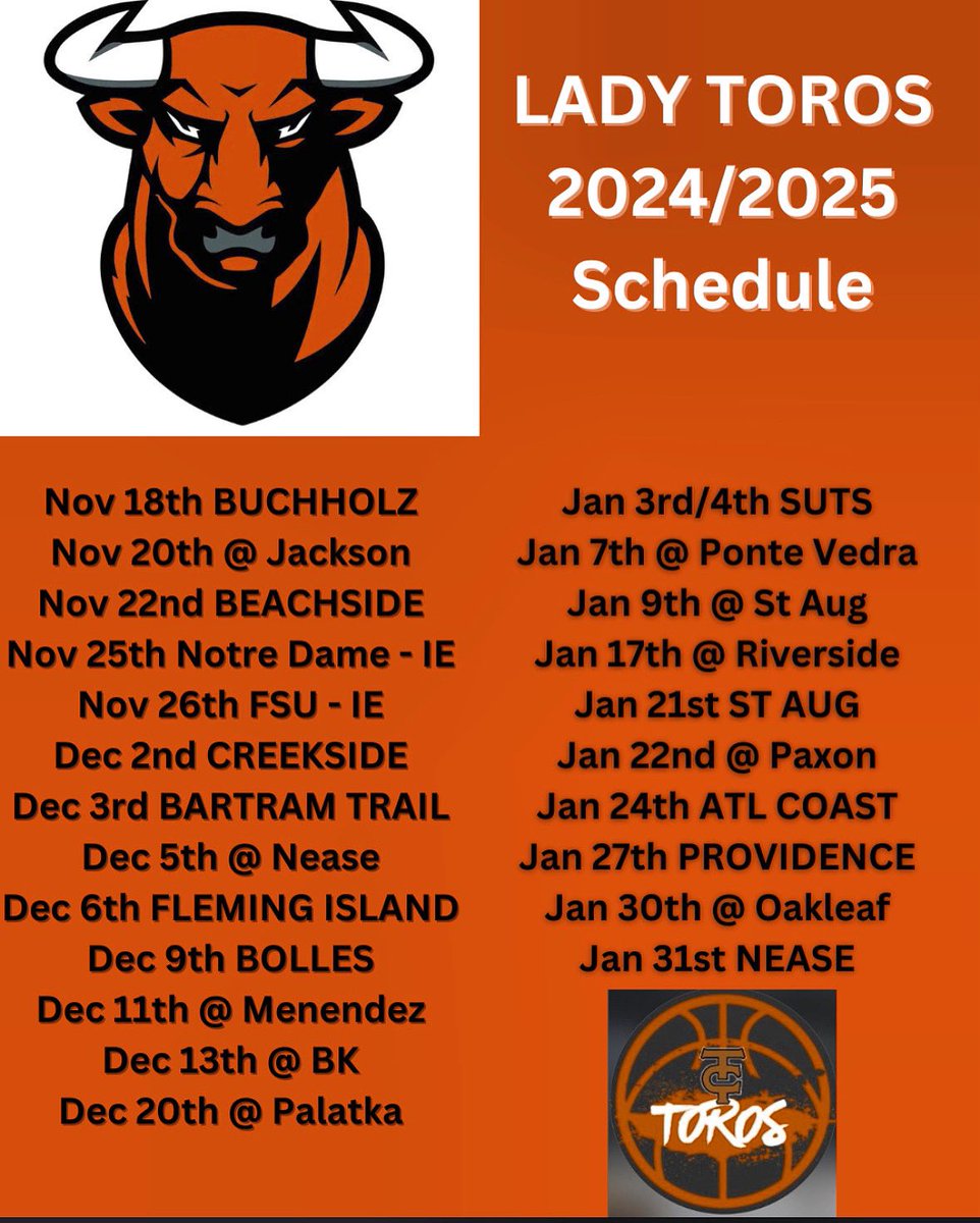 TocoiCreekGBB's tweet photo. 2024/2025 Lady Toro Girls Basketball Schedule.  Exciting times to be a Toro!!!
#HornsUp https://t.co/NOz9aGJuiI