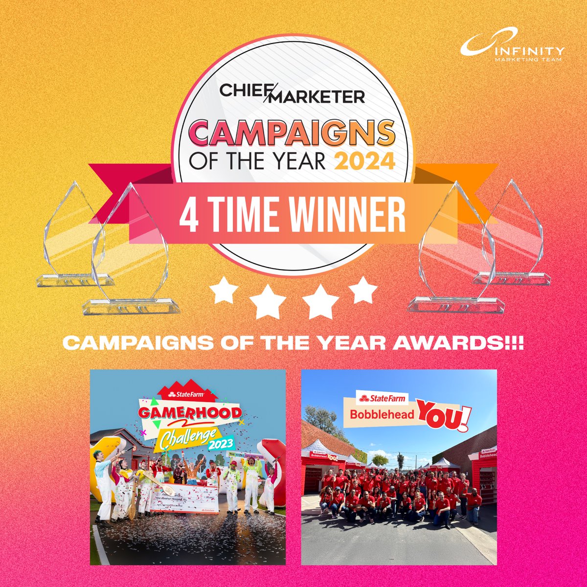 MarketInfinity's tweet image. Boom! Toasting to 4 BIG WINS at the Chief Marketer Campaigns of the Year Awards with our amazing client @statefarm!!! The Campaigns of the Year Awards recognizes industry leaders who set the standards for marketing brilliance with the most groundbreaking ideas and innovative…