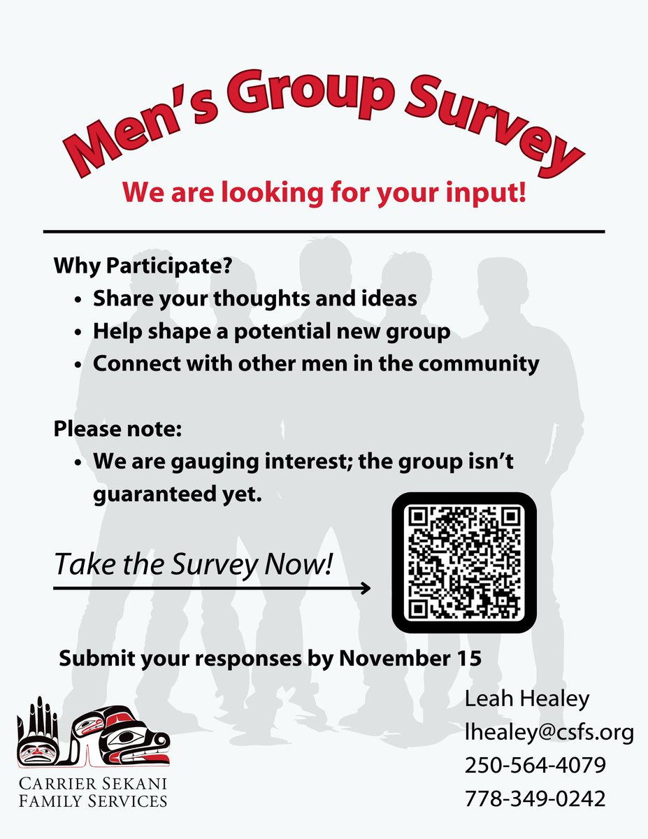 Men – for this #Movember we want your input on men’s groups! Use the QR code or link to tell us what makes a good men’s group.
Survey link: redcap.csfs.org/surveys/?s=NNA…
Please note we are currently gauging interest. There is no guarantees on a group at this time.
