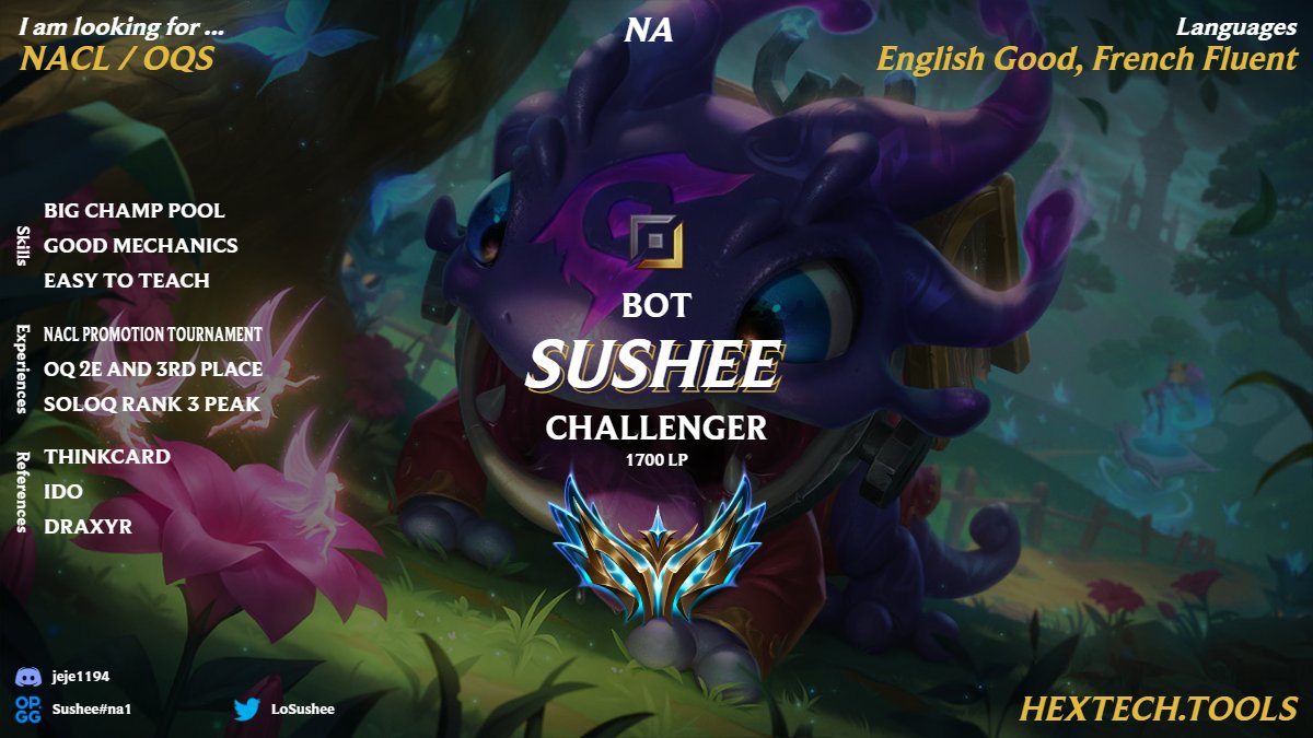 Hi! I am now LFT for 2025. Some may say that I'm still a rookie, but I have accomplished many great things so far, and is just my beginning! 

- Promotion tournament
- OQ 2e 🥈
- 1.7k LP Soloq Rank 3 Peak

Very determined to win and always want improvement

♥️ +🔁 are appreciated