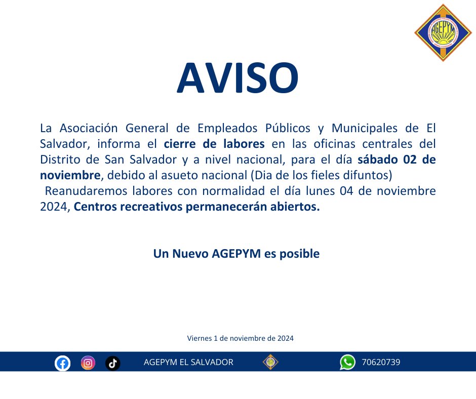 AVISO IMPORTANTE 
Oficinas centrales y delegaciones departamentales, permanecerán cerradas este 02 de noviembre por asueto nacional.
CENTROS RECREATIVOS TRABAJARAN CON NORMALIDAD
#diadelosdifuntos #02denoviembre #agepym